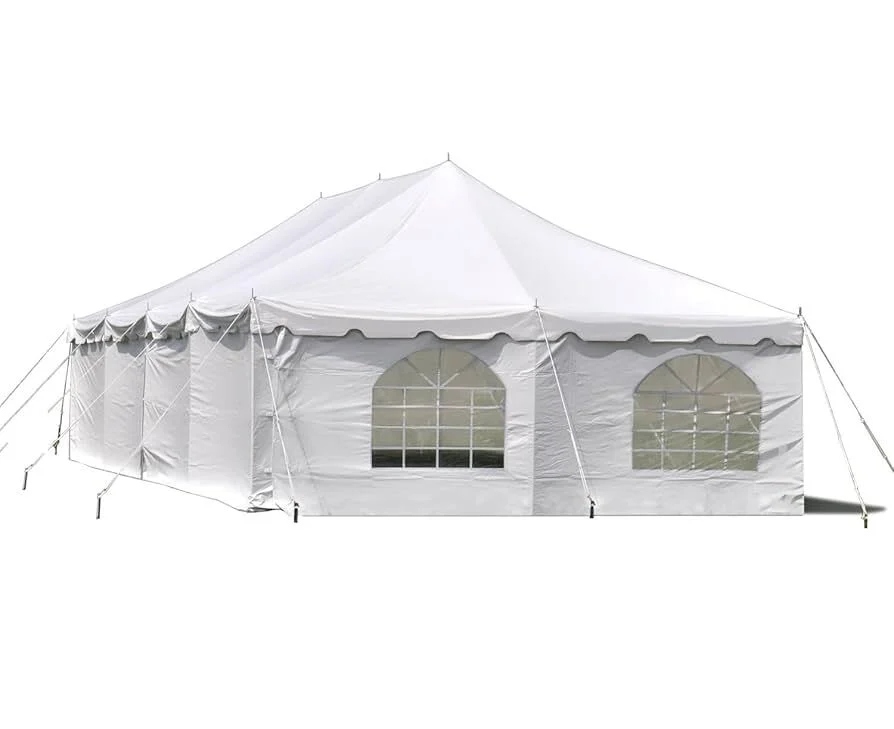 White pole tent with solid white sidewalls and cathedral window sidewalls