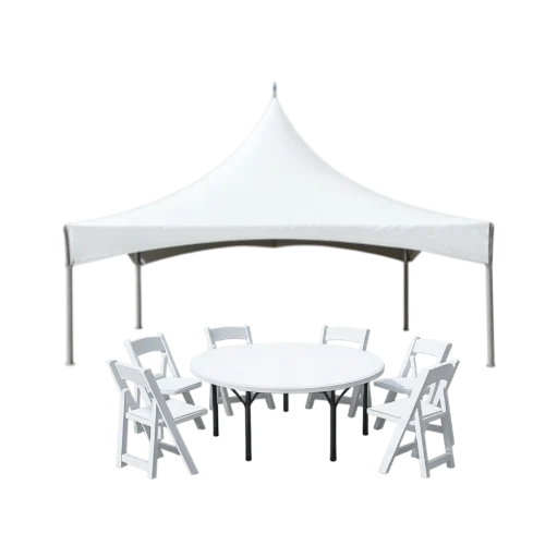 20x20 white high peak frame tent with round tables and chairs for 32 guests.