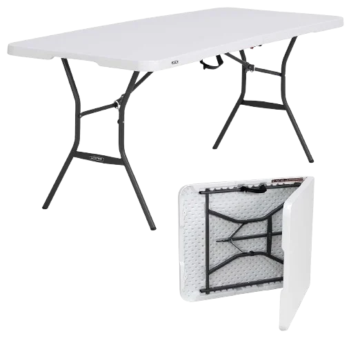 Banquet table 8ft fold in half, image of table opened as well as partially folded to show that it isn't a solid top