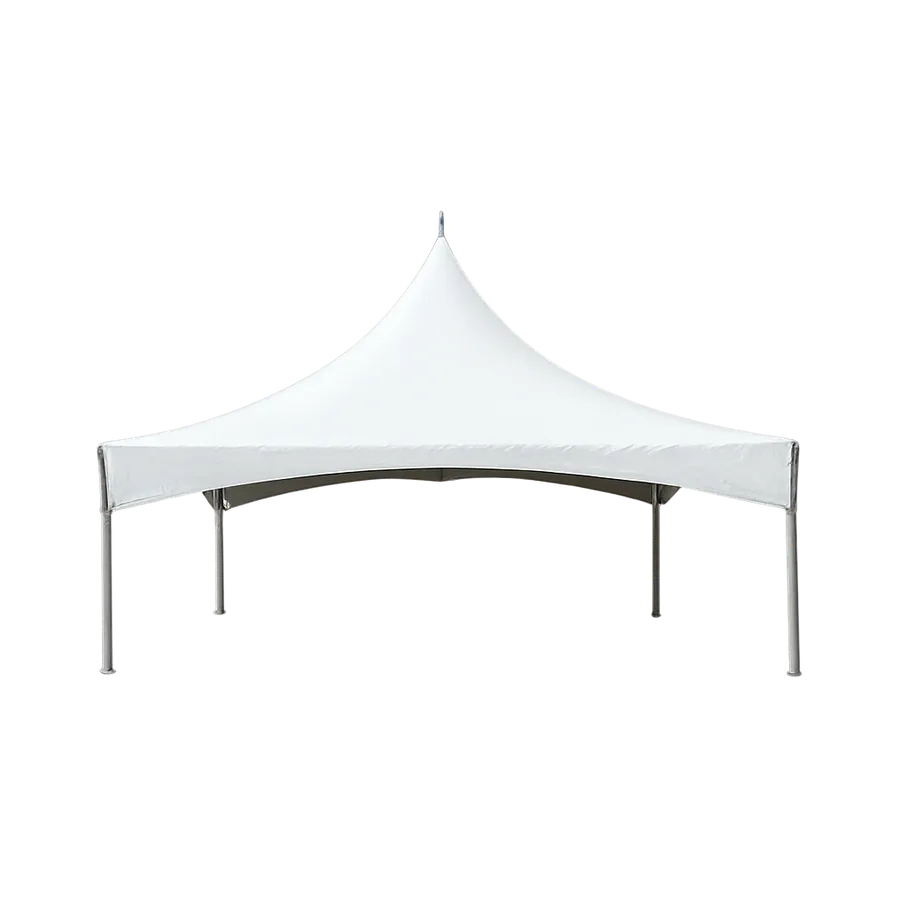 White 20 by 20 high peak frame tent for an outdoor event in Maine