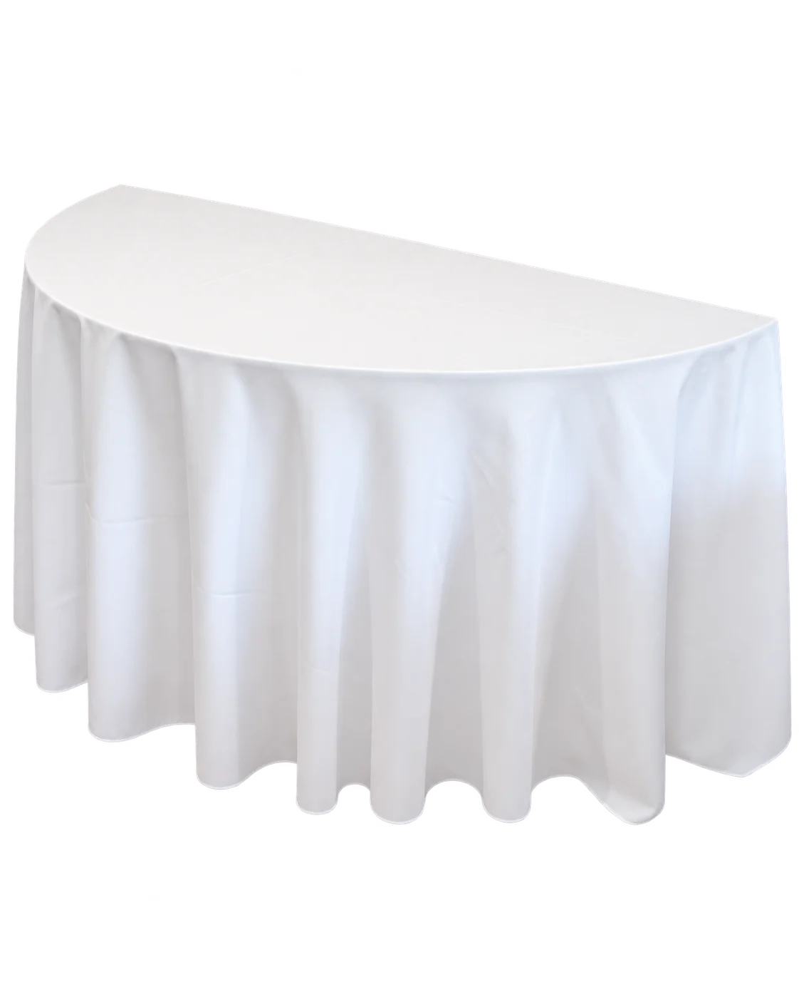 5' sweetheart table for wedding with white tablecloth viewed from the side.