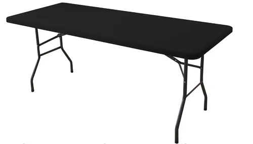 Black fitted spandex tablecloth on an 8 foot folding table
