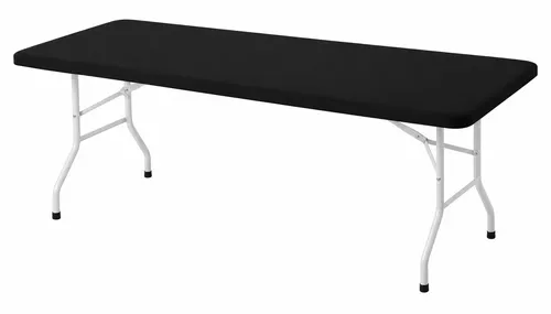 Black fitted spandex tablecloth on a 6 foot folding table