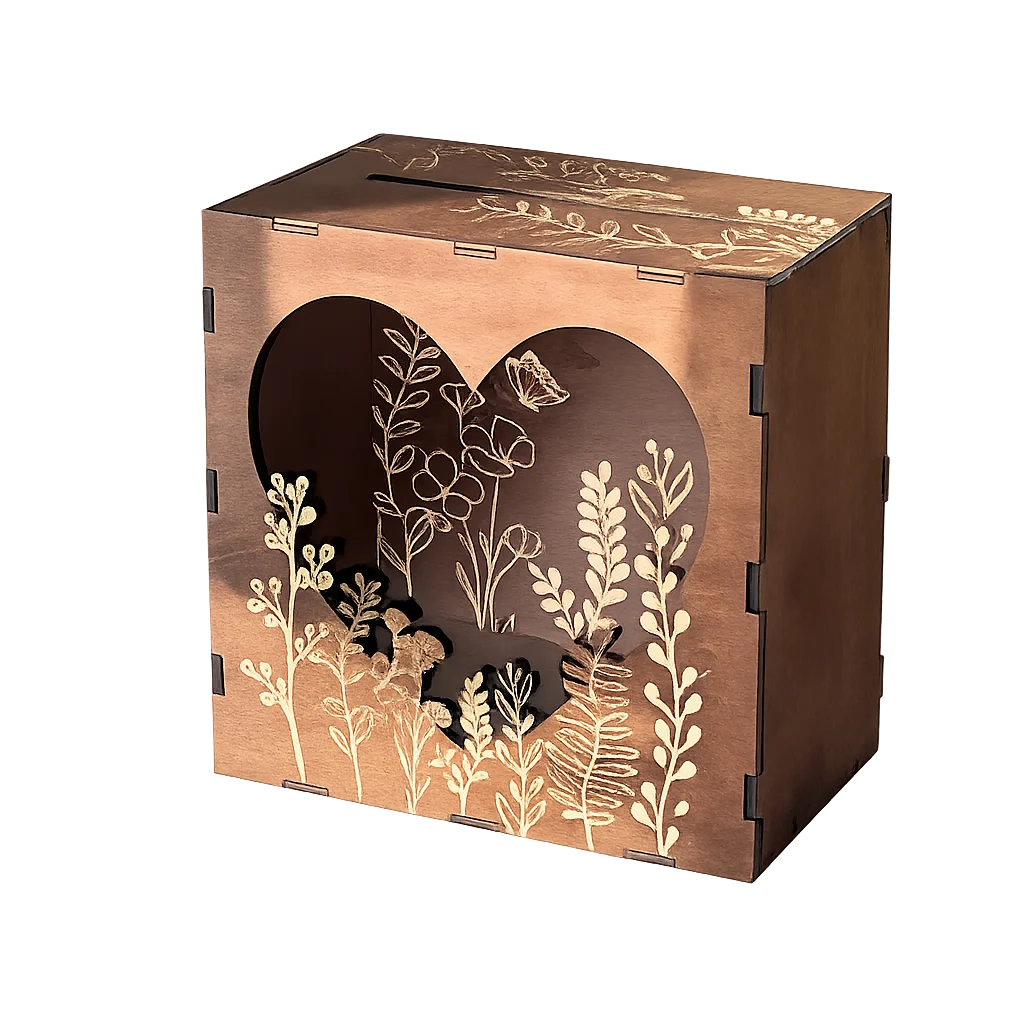 Wooden wedding card box with heart acrylic window for rent in Maine